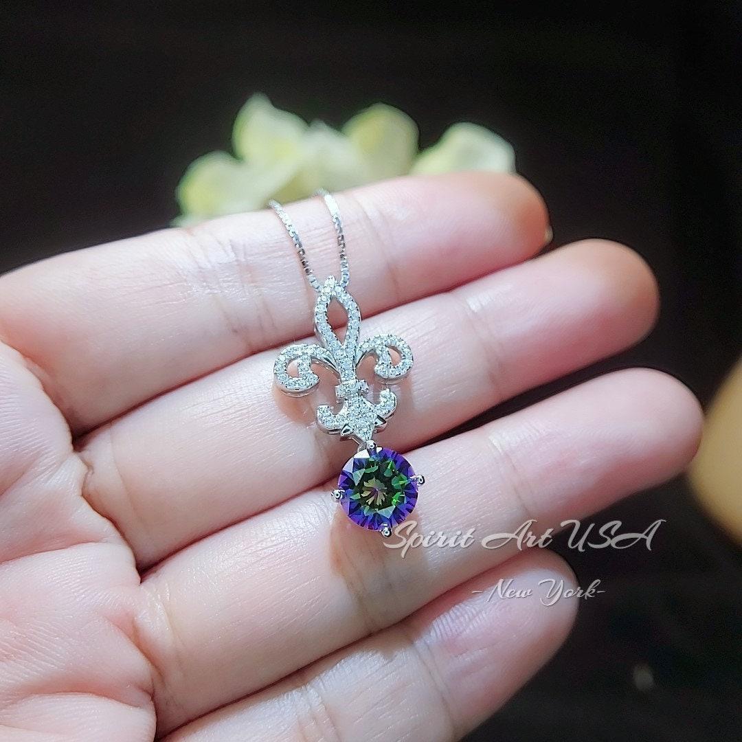 Mystic Topaz Necklace - Gemstone Kite Flower Pendant - 18KGP @ Sterling Silver - 2.2 Ct Round Rainbow Topaz Jewelry #405