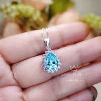 Large Teardrop Aquamarine Necklace - Sterling Silver 3 CT Blue Aquamarine Pendant March Birthstone Pink Tourmaline Halo Pear Aquamarine #528