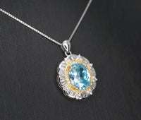 Large Aquamarine Necklace - March Birthstone - 18KGP @ Sterling Silver - Gemstone Royal Flower Style - 2.8 CT Blue Aquamarine Jewelry #722