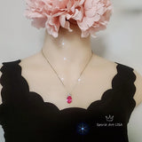 Pink Tourmaline Necklace - Large Oval - Diamond Crown - 6 CT Rose Red Fuchsia Lab Created Tourmaline Pendant - 18KGP @ sterling silver #805