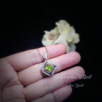 Genuine Peridot Necklace Diamond Crown Square Peridot Pendant 18KGP @ Sterling Silver - Double Halo 1CT Natural Green Peridot Jewelry #303