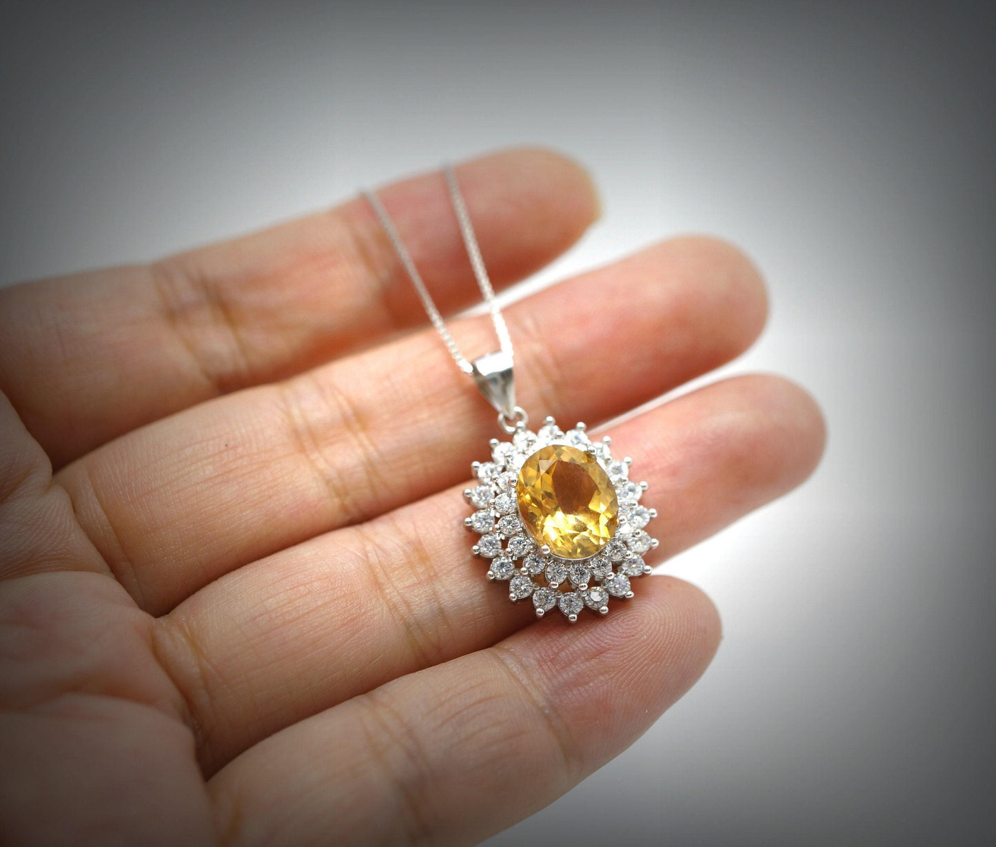 Large Genuine Citrine Necklace Diamond Halo Solitaire Natural Large 3 ct Citrine Pendant November Birthstone - 18KGP @ Sterling Silver #775