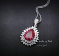 Double Halo Teardrop Ruby Necklace, 18KGP Sterling Silver, 2.75 CT Large Red Ruby Pendant, Gemstone Pear Jewelry #586