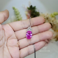 Pink Tourmaline Necklace - Large Oval - Diamond Crown - 6 CT Rose Red Fuchsia Lab Created Tourmaline Pendant - 18KGP @ sterling silver #805