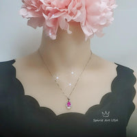 Dainty Pink Tourmaline Necklace Sterling Silver Leaf Pink Gemstone Jewelry #379