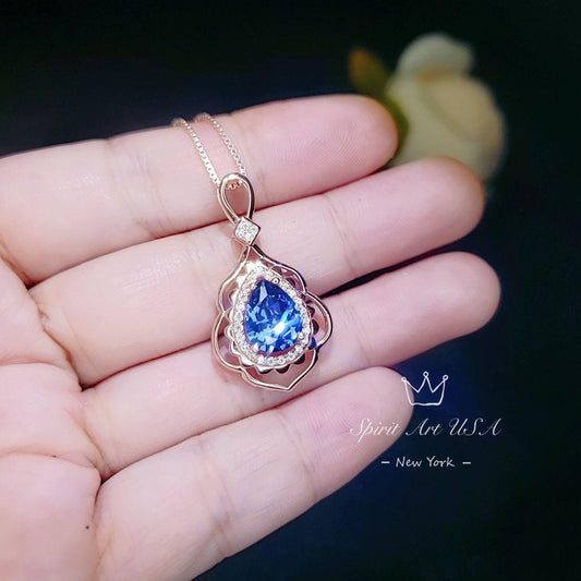 Rose Gold Blue Sapphire Necklace 2.75 CT Teardrop Royal Blue Gemstone Pendant Sterling Silver Pear Gemstone Halo Gold Petal Jewelry #743