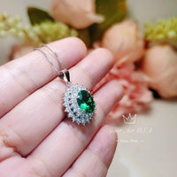 Double Halo Gemstone Emerald Necklace - White Gold Sterling Silver Halo Solitaire 3 Ct Emerald Pendant - Oval Cut May Birthstone #628