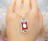Sunstone Necklace Tangerine Sapphire Jewelry - Large High Quality Square Sterling Silver 9 CT Red Orange Sun Stone Pendant Scissor Cut #779