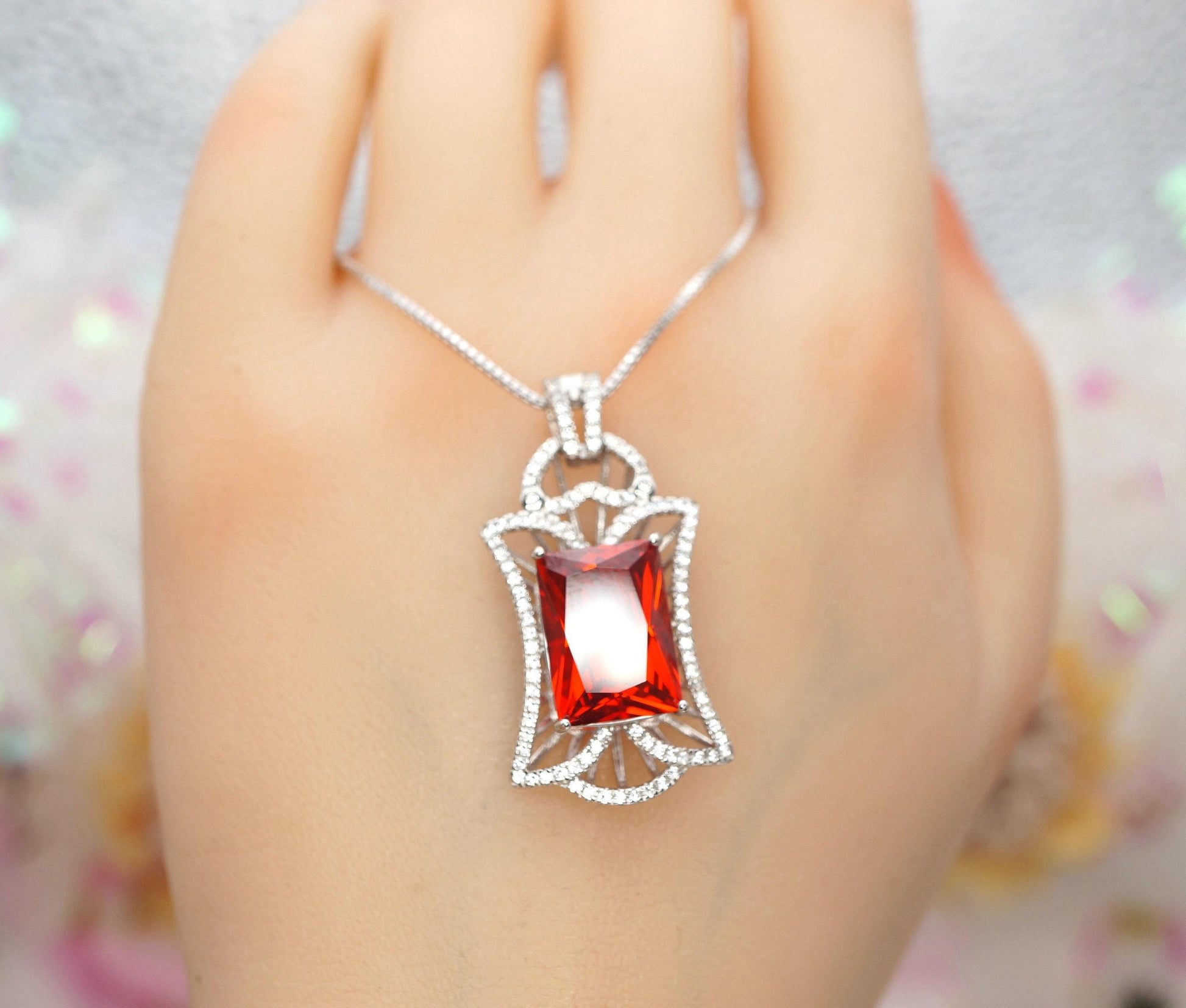 Sunstone Necklace Tangerine Sapphire Jewelry - Large High Quality Square Sterling Silver 9 CT Red Orange Sun Stone Pendant Scissor Cut #779