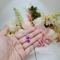 Pink Tourmaline Necklace - Large Oval - Diamond Crown - 6 CT Rose Red Fuchsia Lab Created Tourmaline Pendant - 18KGP @ sterling silver #805