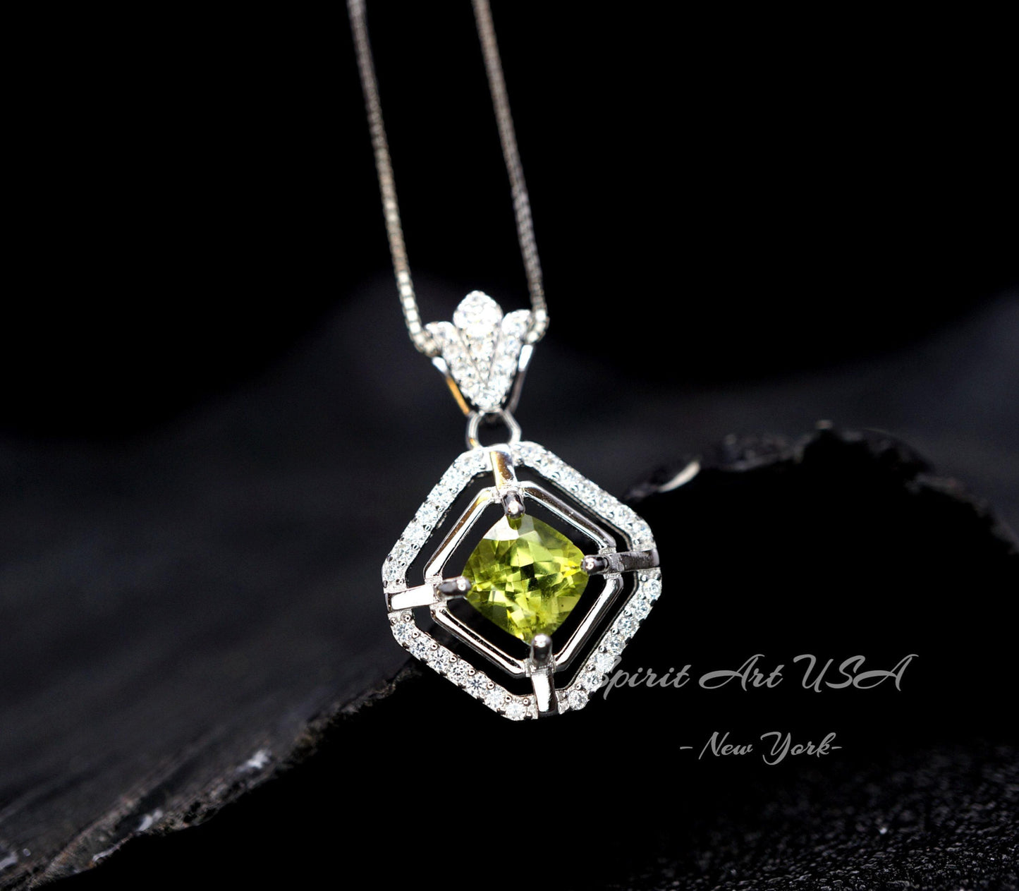 Genuine Peridot Necklace Diamond Crown Square Peridot Pendant 18KGP @ Sterling Silver - Double Halo 1CT Natural Green Peridot Jewelry #303