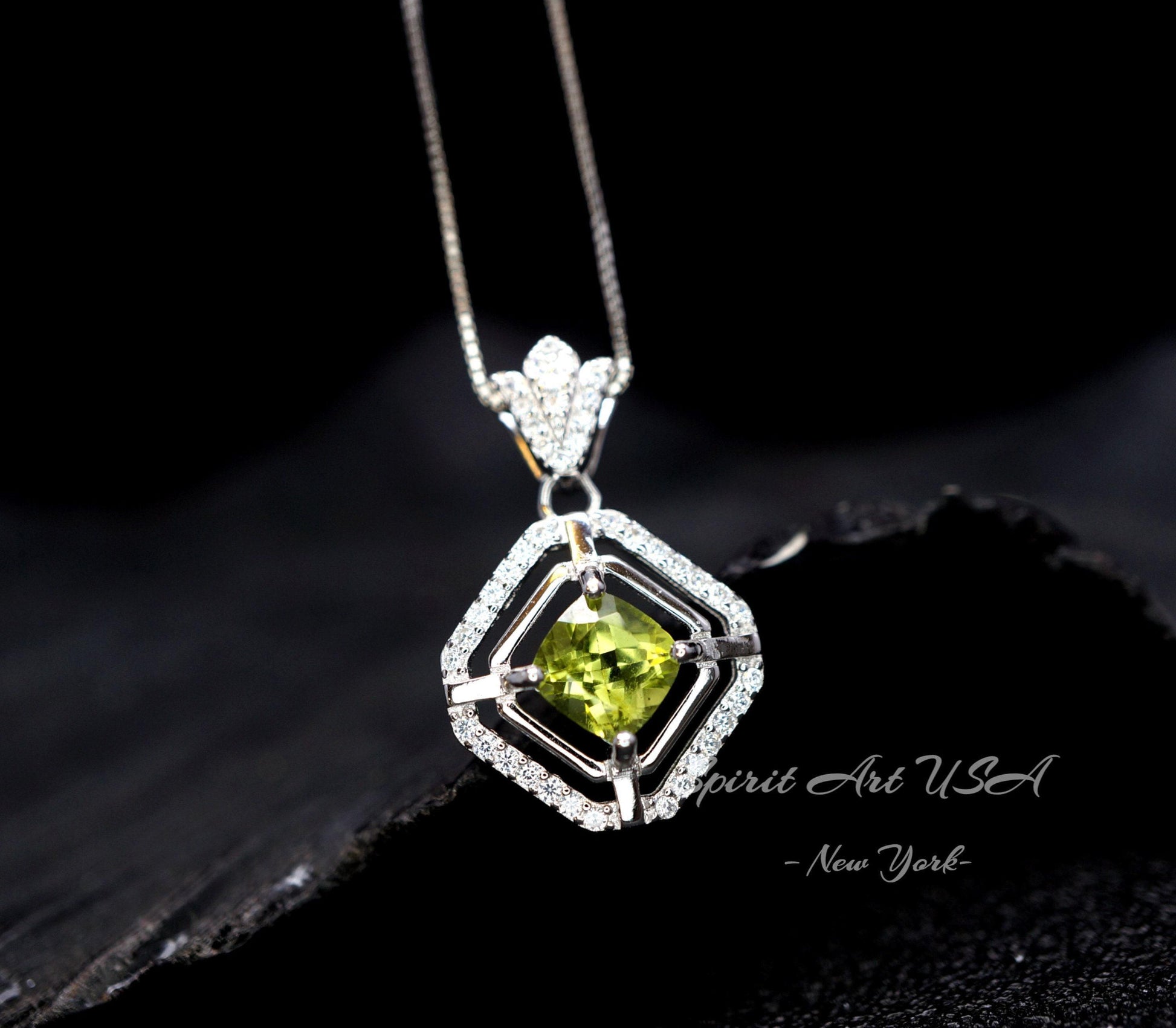 Genuine Peridot Necklace Diamond Crown Square Peridot Pendant 18KGP @ Sterling Silver - Double Halo 1CT Natural Green Peridot Jewelry #303
