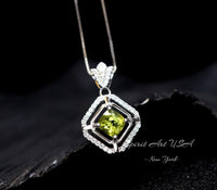 Genuine Peridot Necklace Diamond Crown Square Peridot Pendant 18KGP @ Sterling Silver - Double Halo 1CT Natural Green Peridot Jewelry #303