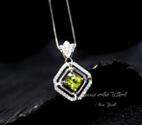 Genuine Peridot Necklace Diamond Crown Square Peridot Pendant 18KGP @ Sterling Silver - Double Halo 1CT Natural Green Peridot Jewelry #303