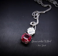 Four leaf clover Ruby Necklace - Cushion Cut - 5.5 CT Large Red Ruby Pendant - Gemstone Flower Bail - White Gold Plate Sterling Silver #581