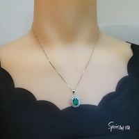 Double Halo Gemstone Emerald Necklace - White Gold Sterling Silver Halo Solitaire 3 Ct Emerald Pendant - Oval Cut May Birthstone #628