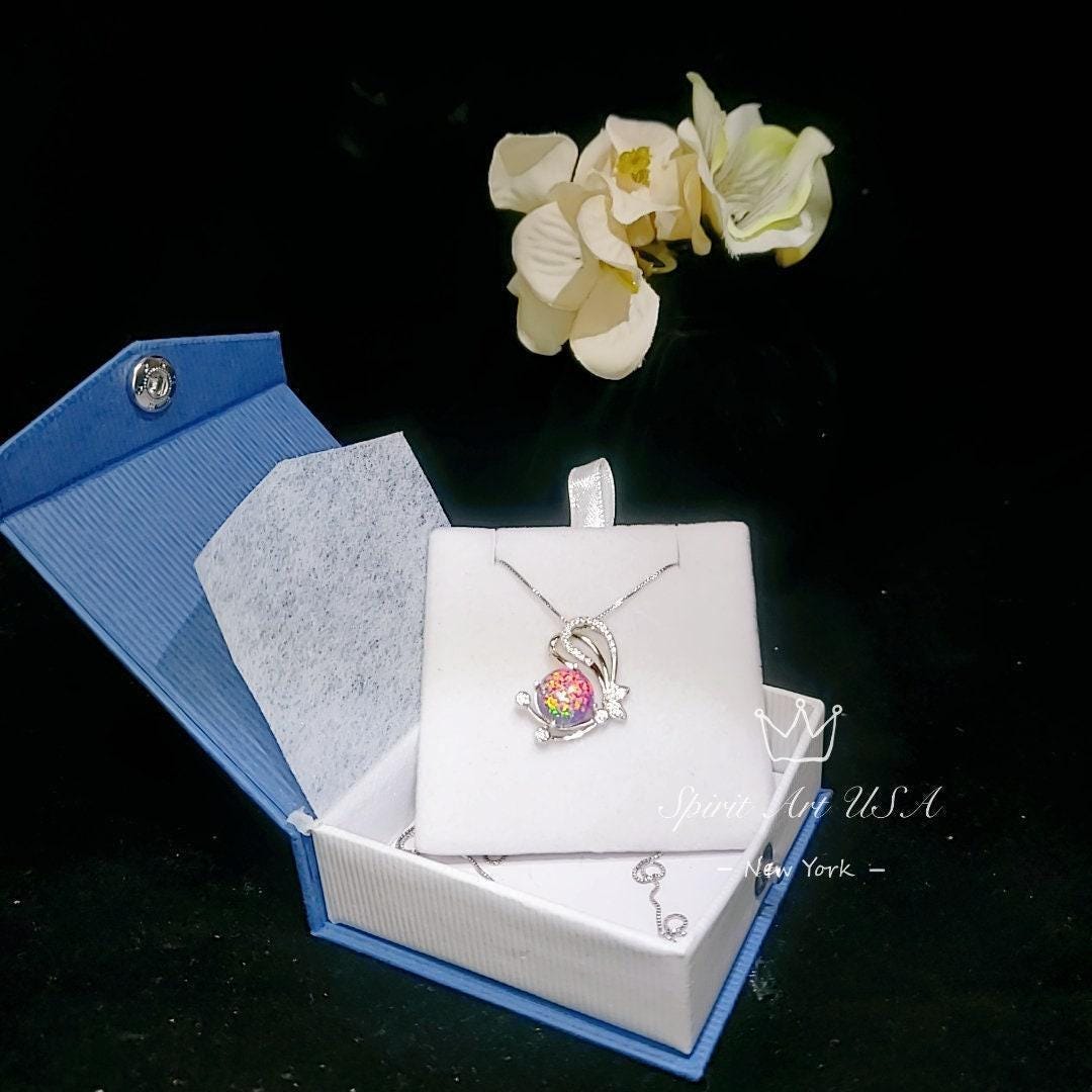 Rainbow Purple Opal Necklace - White Gold coated Sterling Silver Purple Opal Pendant - Butterfly Necklace #511