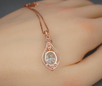 Rose Gold Coated Aquamarine Necklace - Sterling Silver Oval Cut 3 CT - March Birthstone Flower Style Solitaire Aquamarine Pendant #930