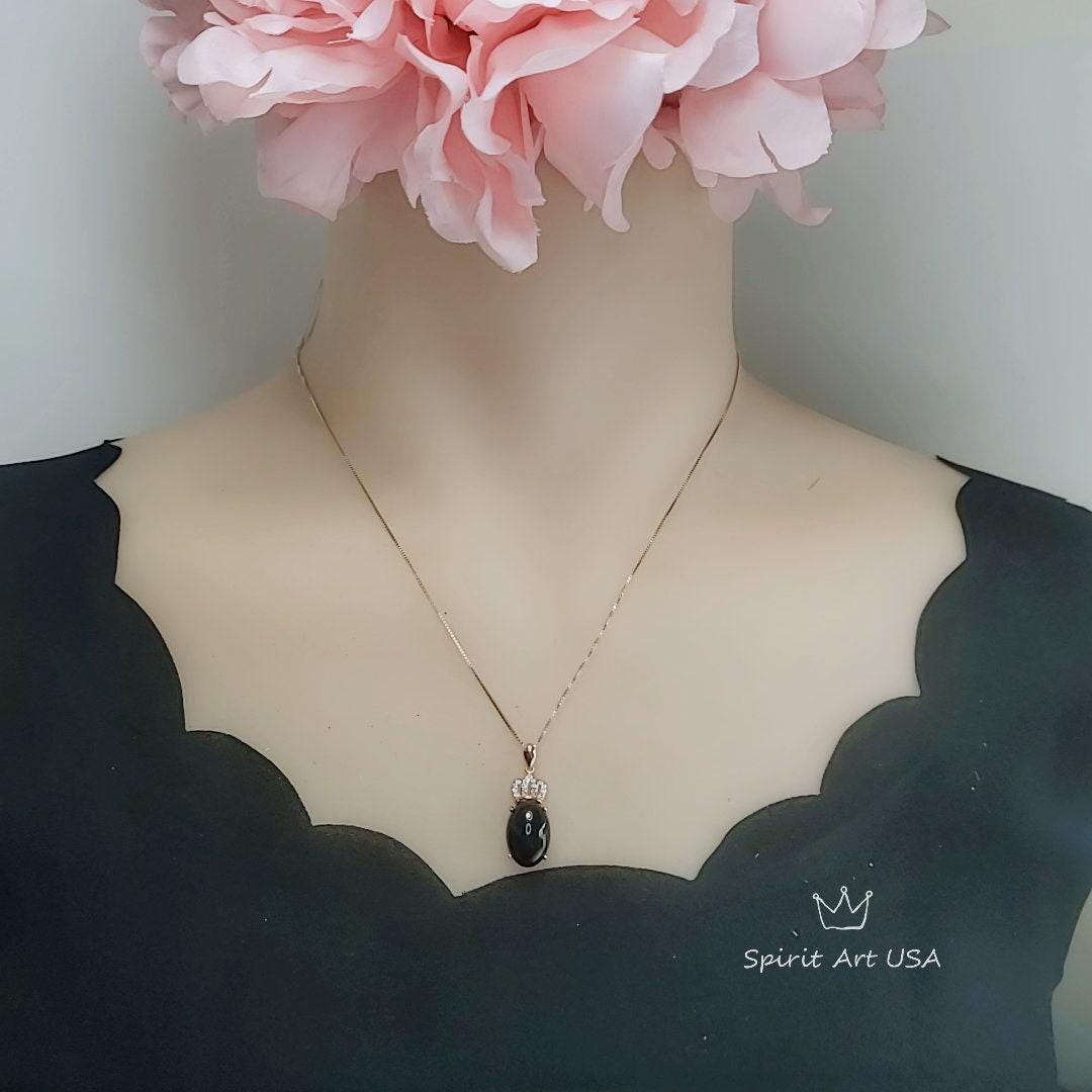 Black Onyx Necklace, Gemstone Crown Rose Gold coated 925 Sterling Silver Black Onyx Pendant Root Chakra Healing #430