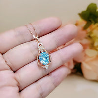 Rose Gold Coated Aquamarine Necklace - Sterling Silver Oval Cut 3 CT - March Birthstone Flower Style Solitaire Aquamarine Pendant #930