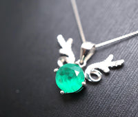 Emerald Necklace - Sterling Silver Deer Antler Necklace - 18kGP - 8 MM 2 CT Round Cut Green Emerald Jewelry #460