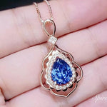Rose Gold Blue Sapphire Necklace 2.75 CT Teardrop Royal Blue Gemstone Pendant Sterling Silver Pear Gemstone Halo Gold Petal Jewelry #743