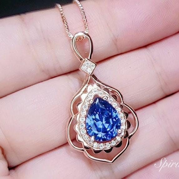 Rose Gold Blue Sapphire Necklace 2.75 CT Teardrop Royal Blue Gemstone Pendant Sterling Silver Pear Gemstone Halo Gold Petal Jewelry #743