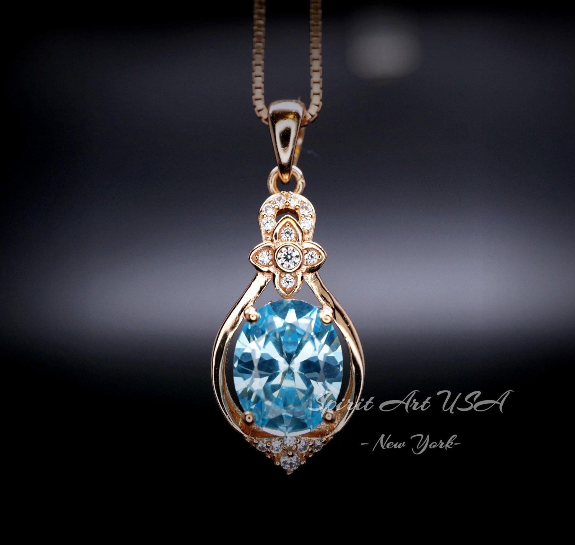 Rose Gold Coated Aquamarine Necklace - Sterling Silver Oval Cut 3 CT - March Birthstone Flower Style Solitaire Aquamarine Pendant #930