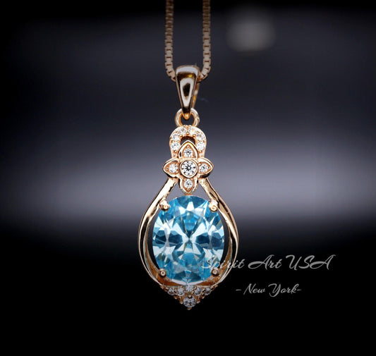 Rose Gold Coated Aquamarine Necklace - Sterling Silver Oval Cut 3 CT - March Birthstone Flower Style Solitaire Aquamarine Pendant #930