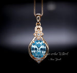 Rose Gold Coated Aquamarine Necklace - Sterling Silver Oval Cut 3 CT - March Birthstone Flower Style Solitaire Aquamarine Pendant #930