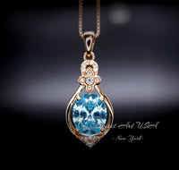 Rose Gold Coated Aquamarine Necklace - Sterling Silver Oval Cut 3 CT - March Birthstone Flower Style Solitaire Aquamarine Pendant #930