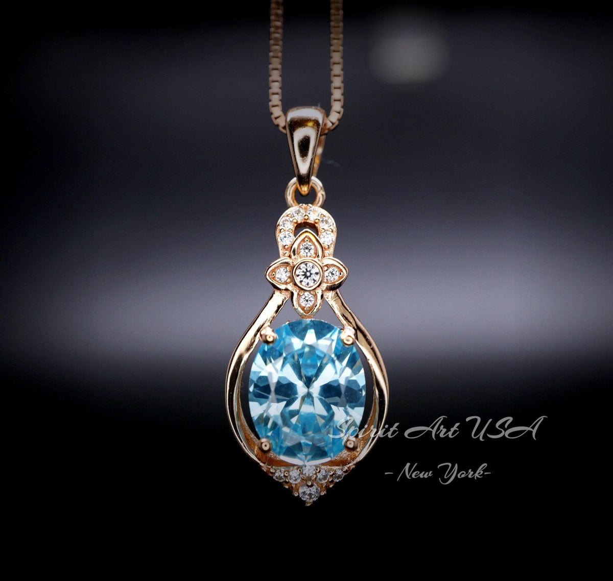 Rose Gold Coated Aquamarine Necklace - Sterling Silver Oval Cut 3 CT - March Birthstone Flower Style Solitaire Aquamarine Pendant #930