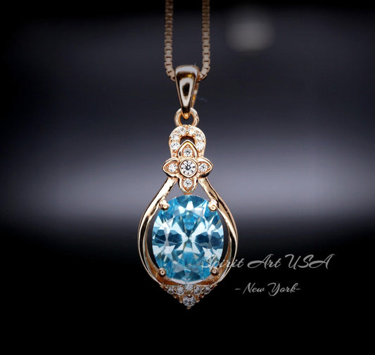 Rose Gold Coated Aquamarine Necklace - Sterling Silver Oval Cut 3 CT - March Birthstone Flower Style Solitaire Aquamarine Pendant #930