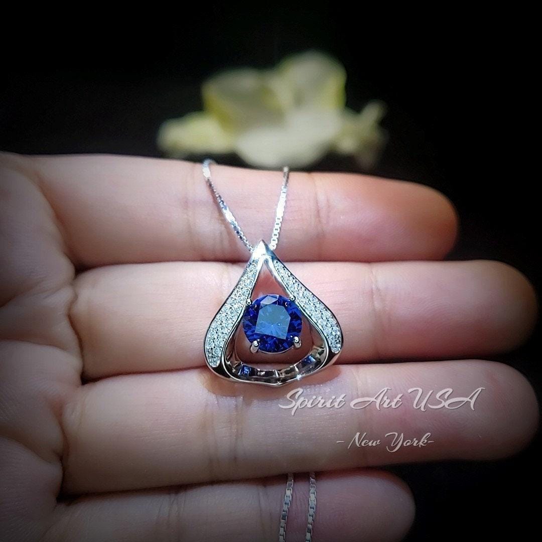 Protective Heart Blue Sapphire Necklace - Gemstone Fat Triangle Sapphire Pendant - 18KGP & Sterling Silver 2 Ct Round Cut Blue Sapphire #584