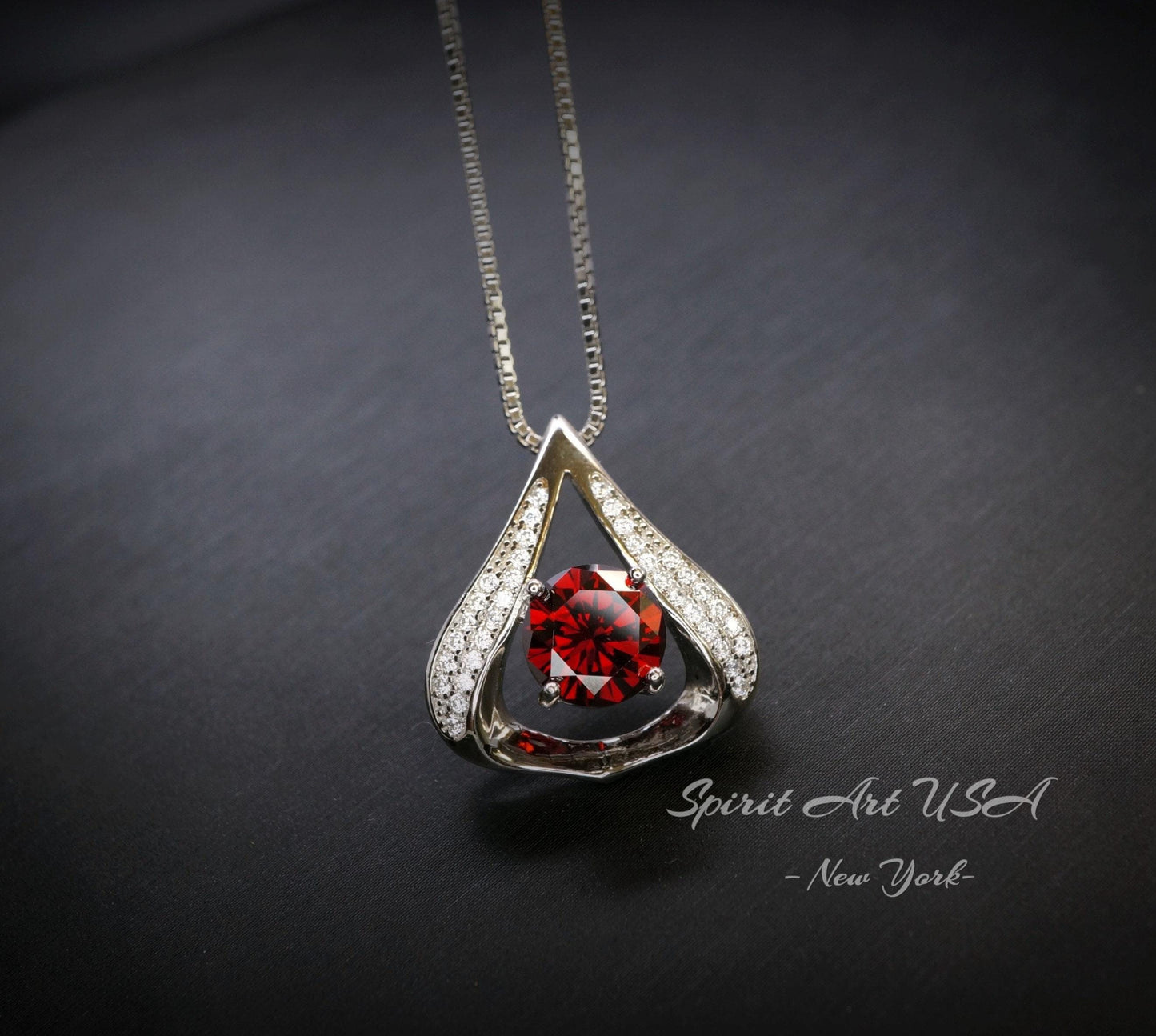 Gemstone Fat Triangle Garnet Necklace - 18KGP & Sterling Silver - 2 Ct Round Cut Deep Red Garnet Jewelry #582