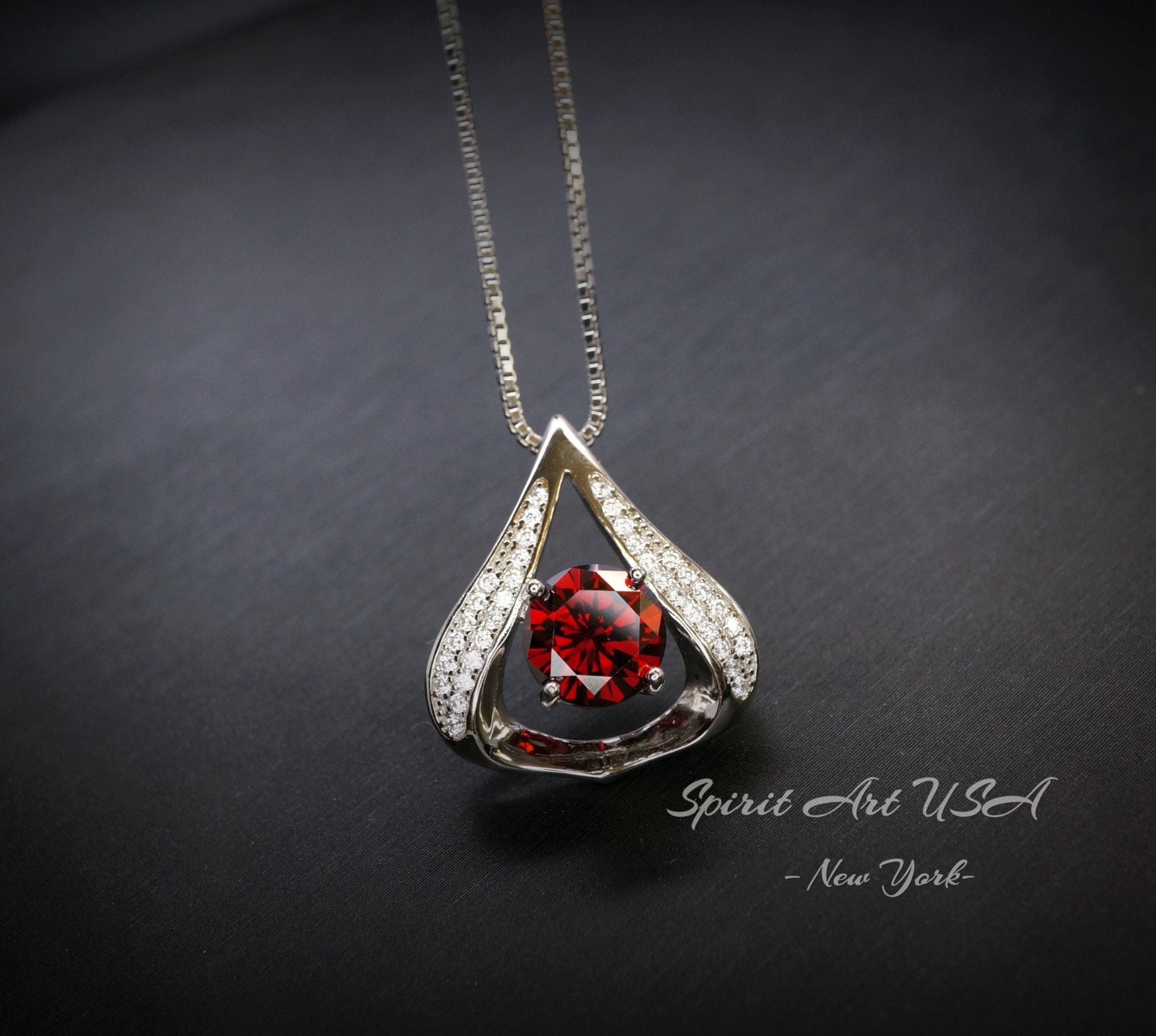 Gemstone Fat Triangle Garnet Necklace - 18KGP & Sterling Silver - 2 Ct Round Cut Deep Red Garnet Jewelry #582
