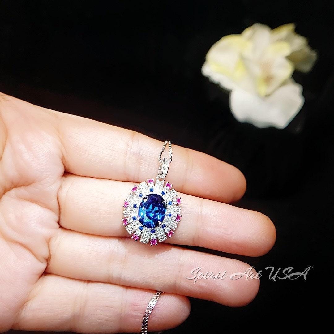 Blue Sapphire Necklace Source Light Style 18KGP @ Sterling Silver - 3 CT Blue Sapphire Pendant - Radiant Blue Sapphire Jewelry #898