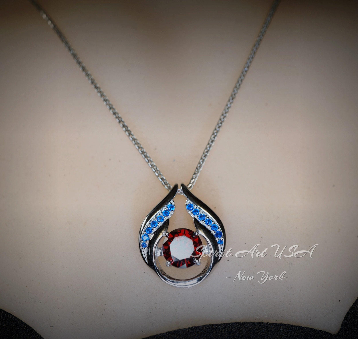 Spessartite Garnet Necklace - Hold My Heart Pendant - 18kgp @ Sterling Silver - 2 CT Round Cut Red Orange Garnet Pendant #590