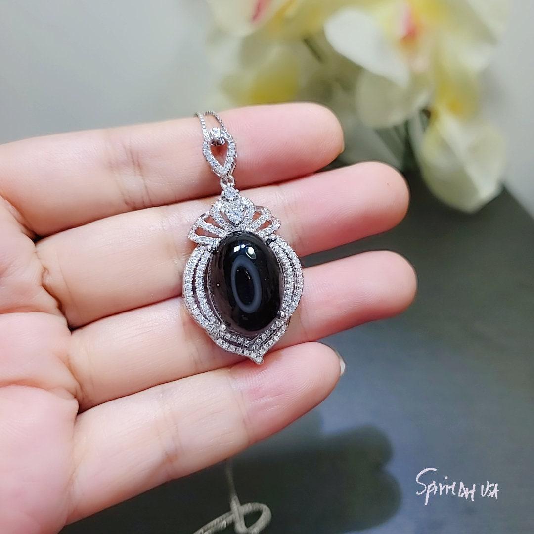 Large Black Onyx Sterling Silver Necklace 14 ct Oval Black Gemstone Gemstone Pendant 18k White Gold Plated Royal Crown #863