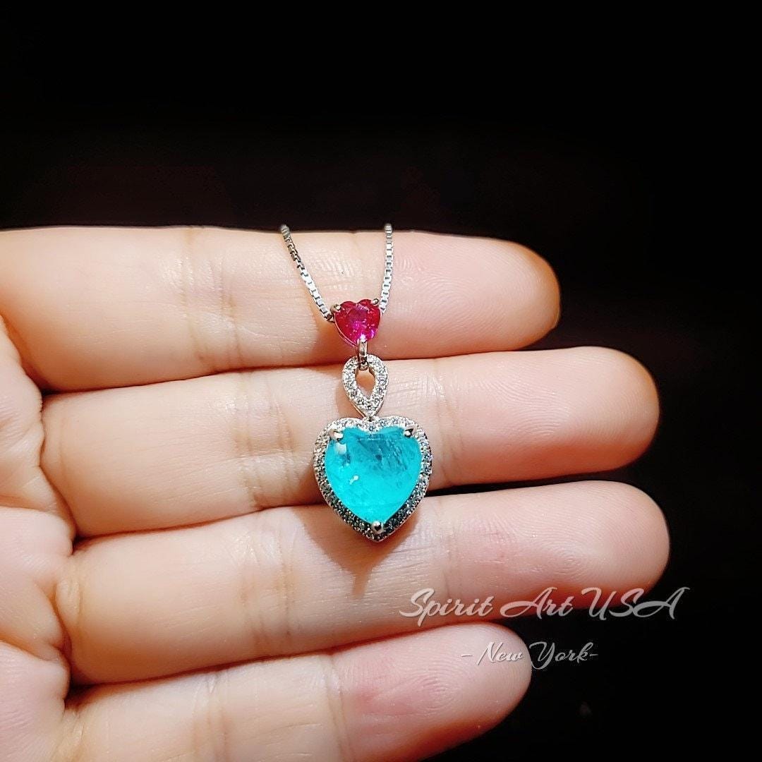 Double Heart Paraiba Necklace - 18KGP @ Sterling Silver - 5 Ct Heart with Heart Pendant - Lab Created Blue Paraiba Tourmaline Jewelry #739