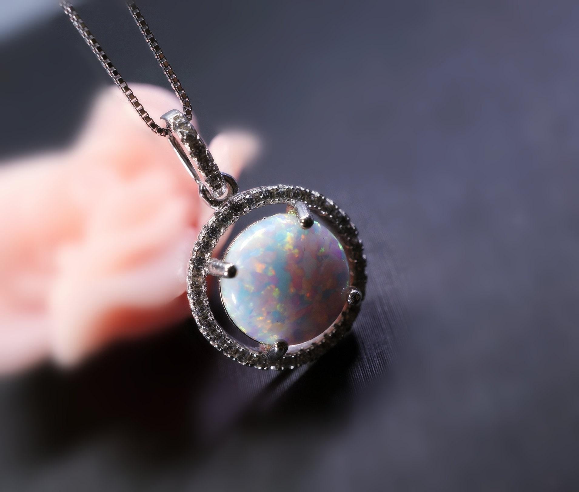 Opal Necklace - Large White Opal Gemstone Halo Circle Round 10mm 18KGP @ Sterling Silver Fire Opal #202