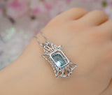 9 CT Blue Topaz Necklace - Gemstone Royal Flower Pendant - 18KGP @ Sterling Silver Radiant Rectangle Swiss Blue Topaz Jewelry #836