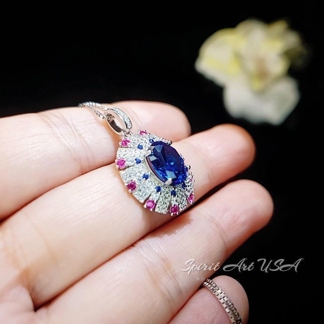 Blue Sapphire Necklace Source Light Style 18KGP @ Sterling Silver - 3 CT Blue Sapphire Pendant - Radiant Blue Sapphire Jewelry #898