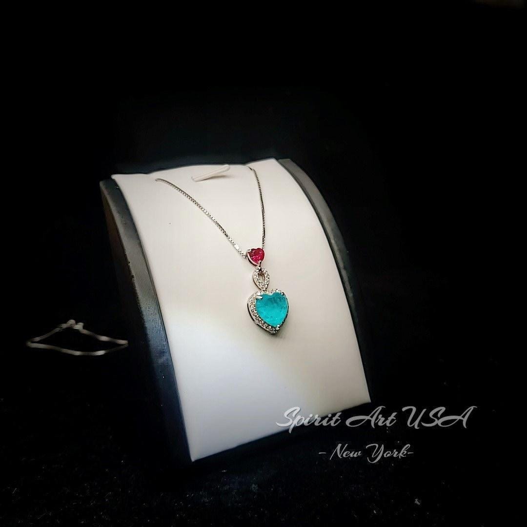 Double Heart Paraiba Necklace - 18KGP @ Sterling Silver - 5 Ct Heart with Heart Pendant - Lab Created Blue Paraiba Tourmaline Jewelry #739