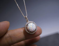 Opal Necklace - Large White Opal Gemstone Halo Circle Round 10mm 18KGP @ Sterling Silver Fire Opal #202