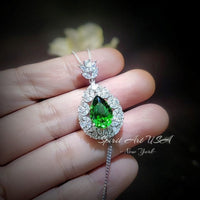 Chrome Diopside Necklace - Diamond Flourishing Wheat Style - Teardrop Pear Cut - 18KGP @ Sterling Silver - 3 CT Green Diopside Pendant #885