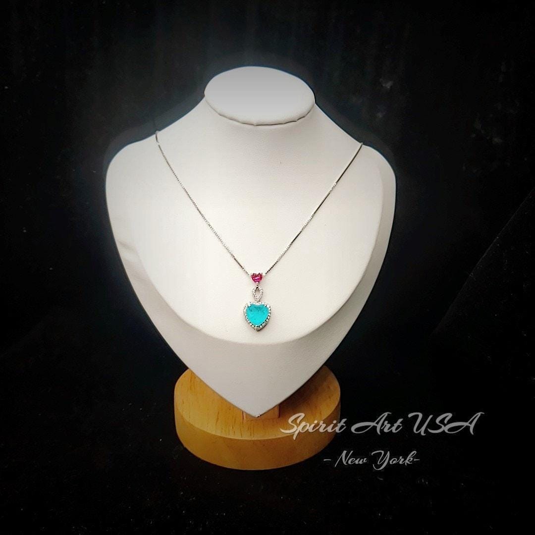 Double Heart Paraiba Necklace - 18KGP @ Sterling Silver - 5 Ct Heart with Heart Pendant - Lab Created Blue Paraiba Tourmaline Jewelry #739
