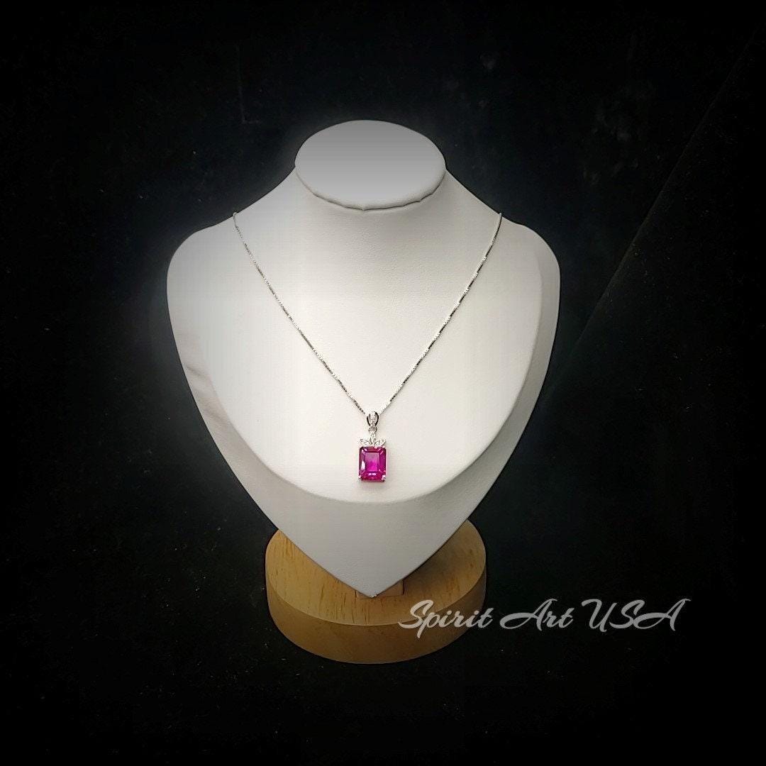 Petal Flower Pink Sapphire Necklace - Fuchsia Color - 18KGP @ Sterling Silver - Faceted Rectangle 5 CT Pink Sapphire #755