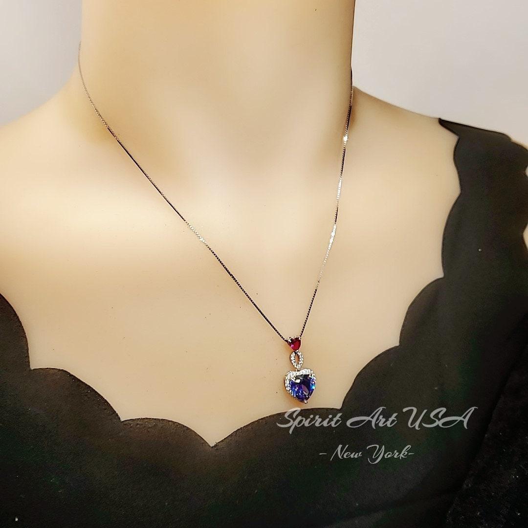 Double Heart Tanzanite Necklace -Gemstone Heart Connect Heart Pendant - 18KGP Sterling Silver - December Birthstone #740