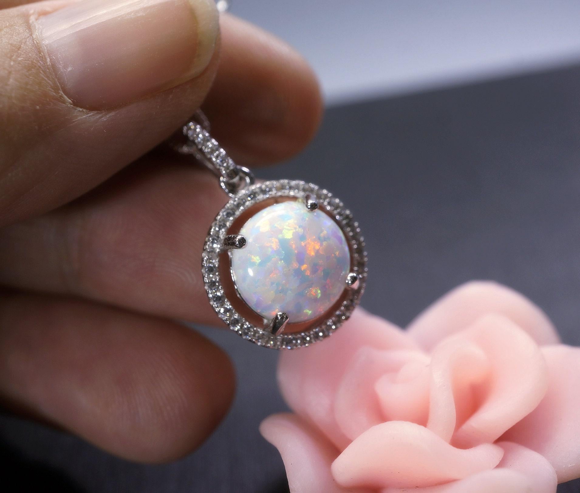 Opal Necklace - Large White Opal Gemstone Halo Circle Round 10mm 18KGP @ Sterling Silver Fire Opal #202